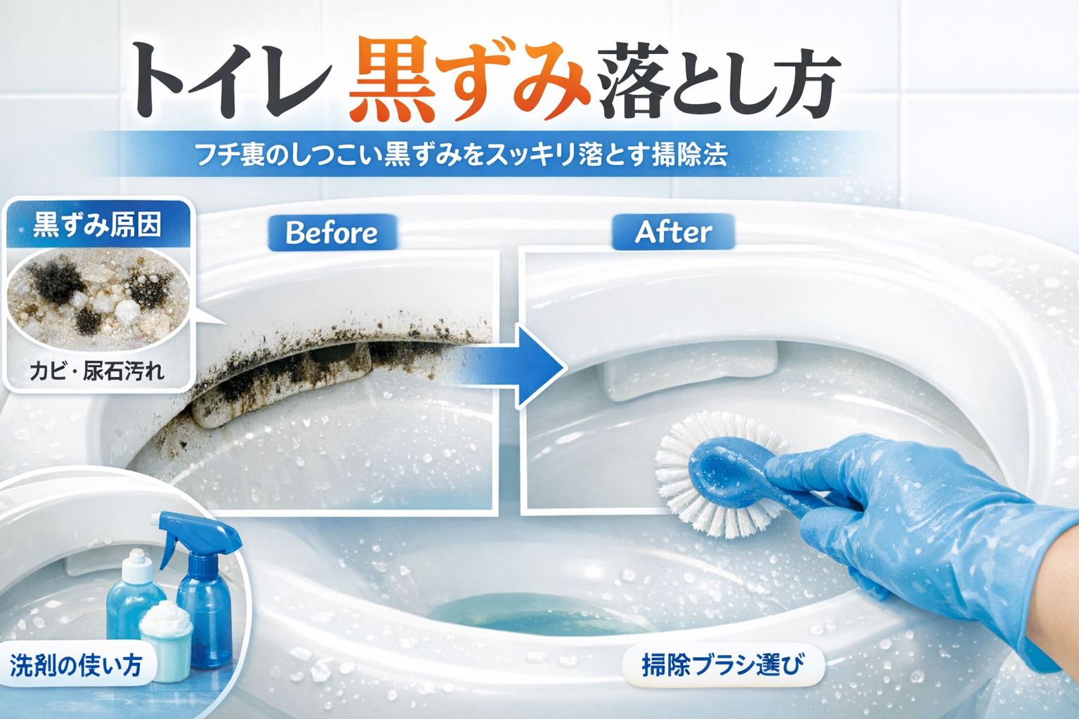 トイレ 便器 フチ裏 黒ずみ 落とし方：Before/Afterのイメージ