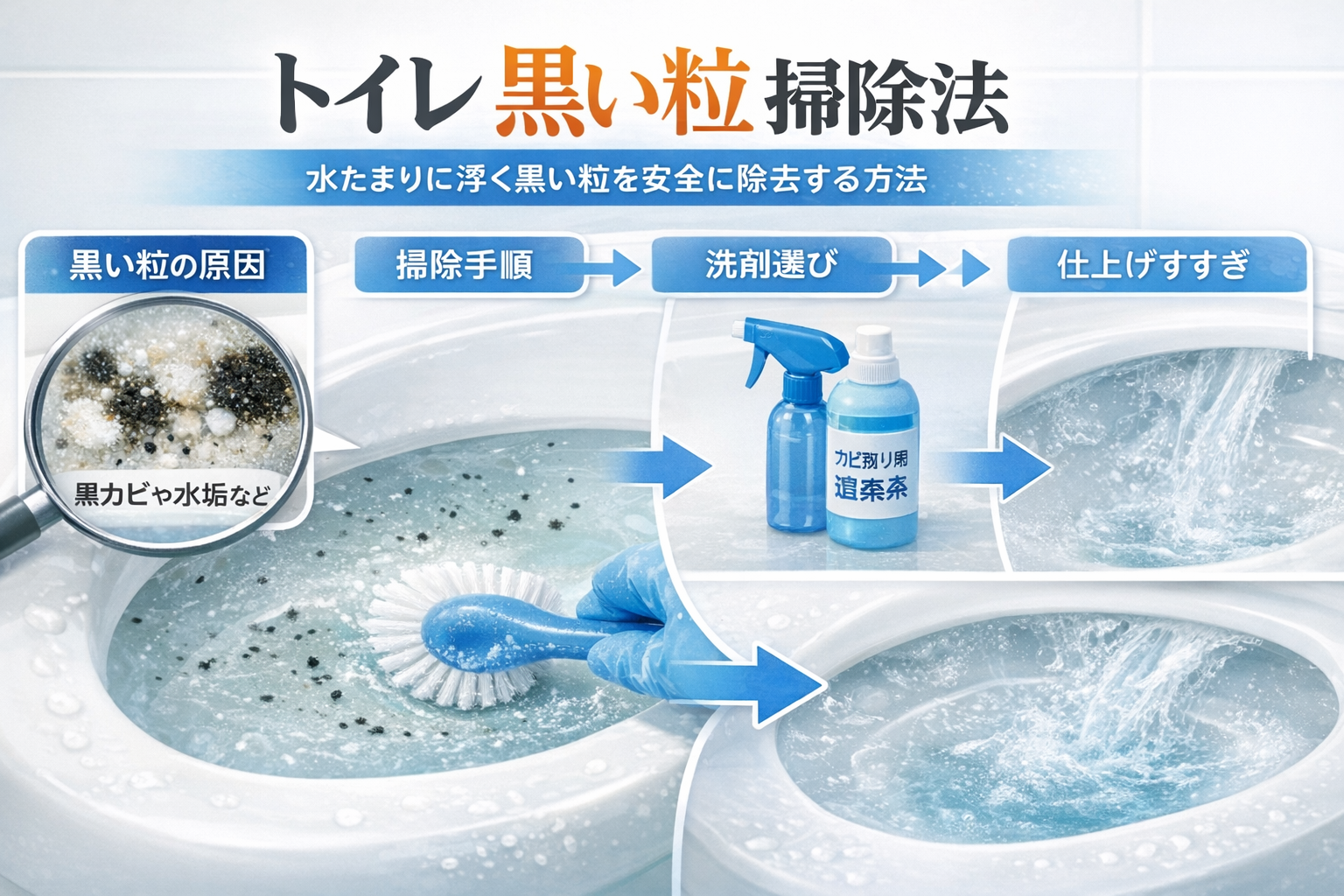 トイレ 便器 水たまり 黒い 粒 掃除：黒い粒の原因と掃除手順イメージ