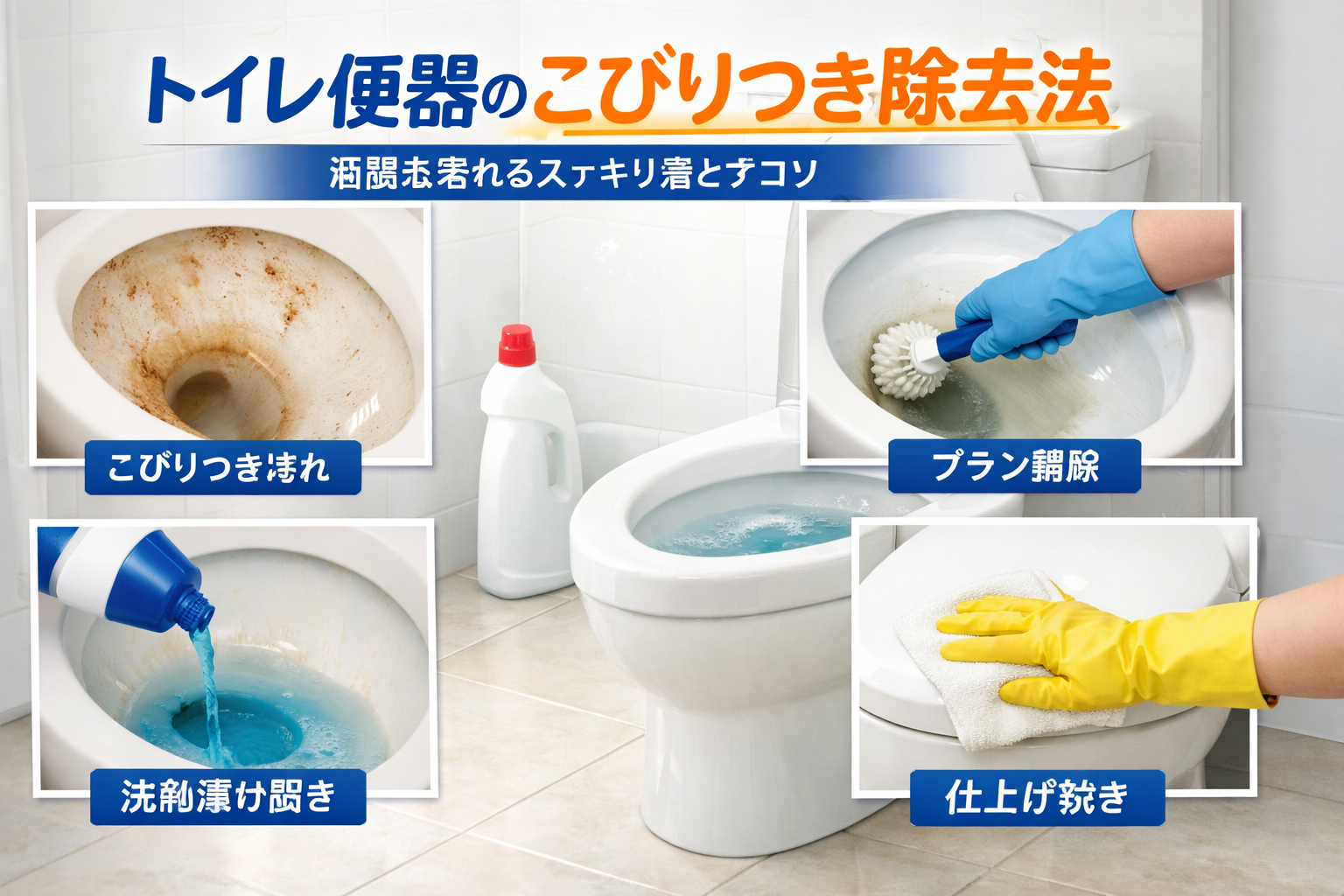 トイレ便器のこびりつき汚れを落とす手順イメージ