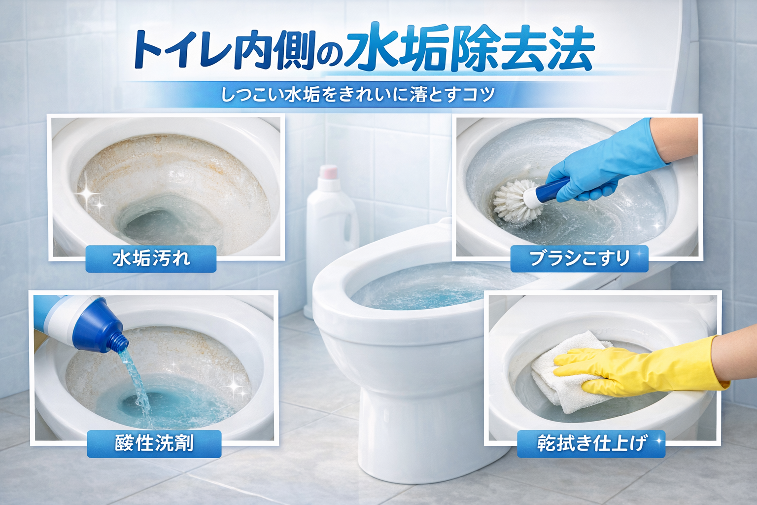 トイレ便器内側の水垢を落とす手順イメージ