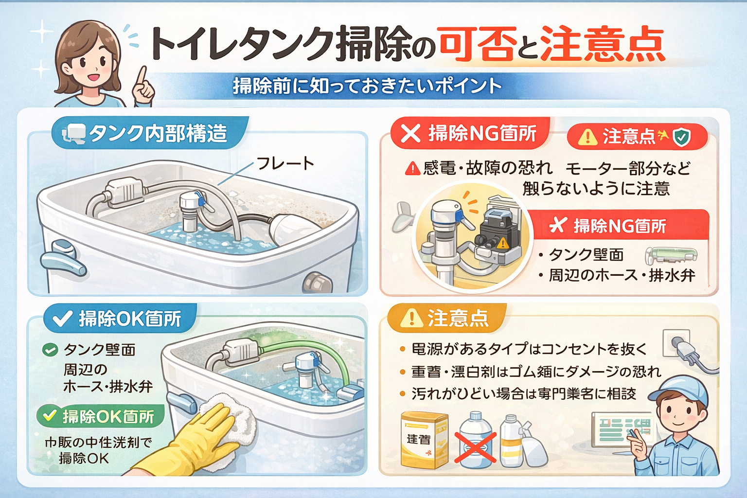 トイレタンク掃除の可否と注意点の図解
