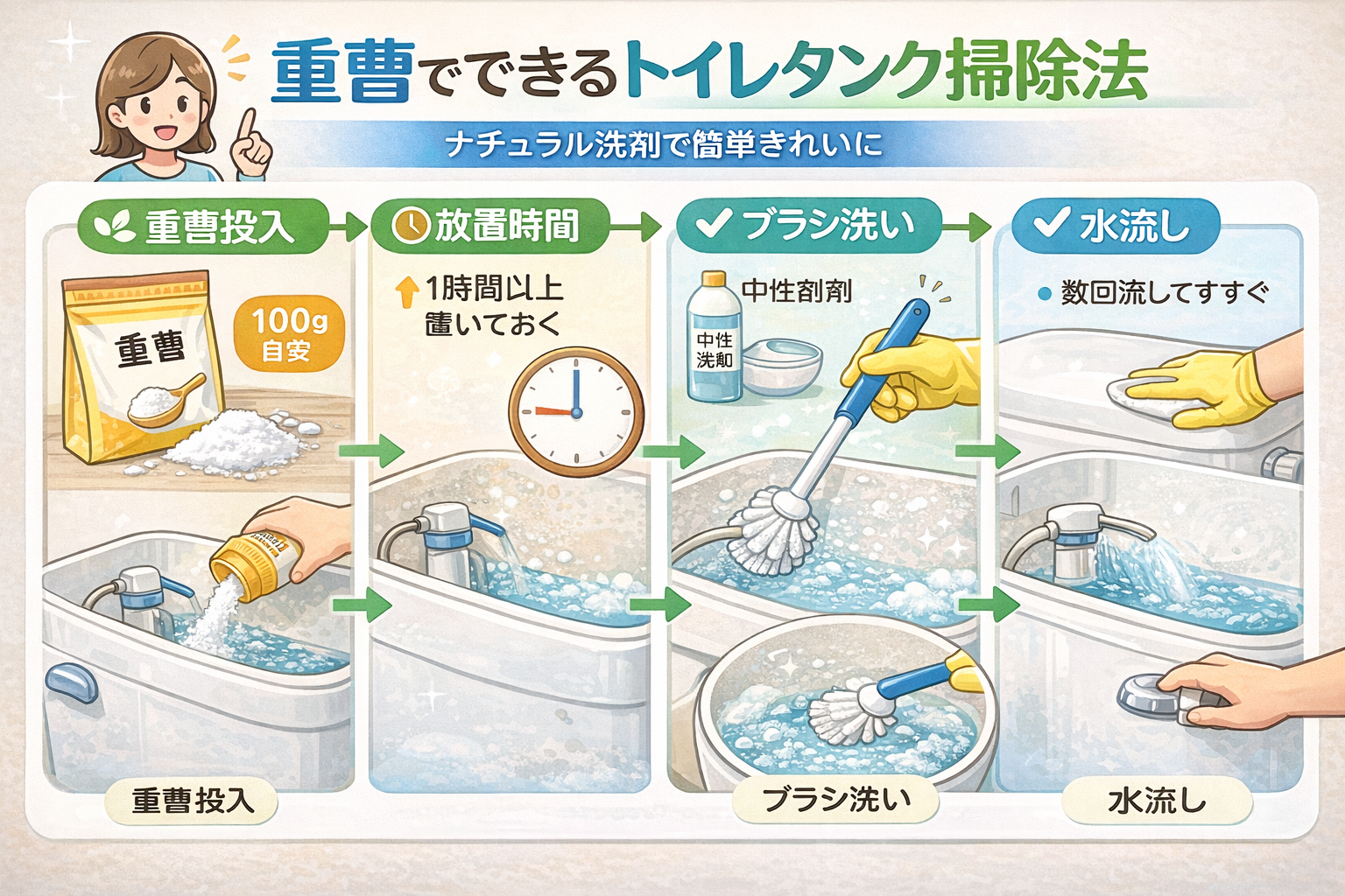 トイレタンク掃除を重曹で行う手順の図解