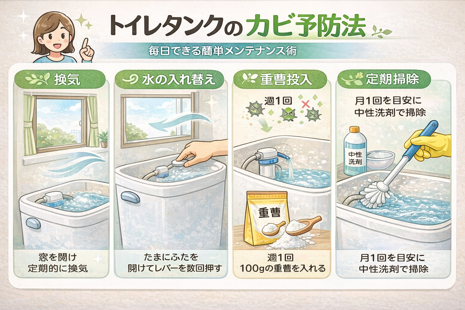 トイレタンクのカビ予防方法（換気・水の入れ替え・重曹・定期掃除）の図解