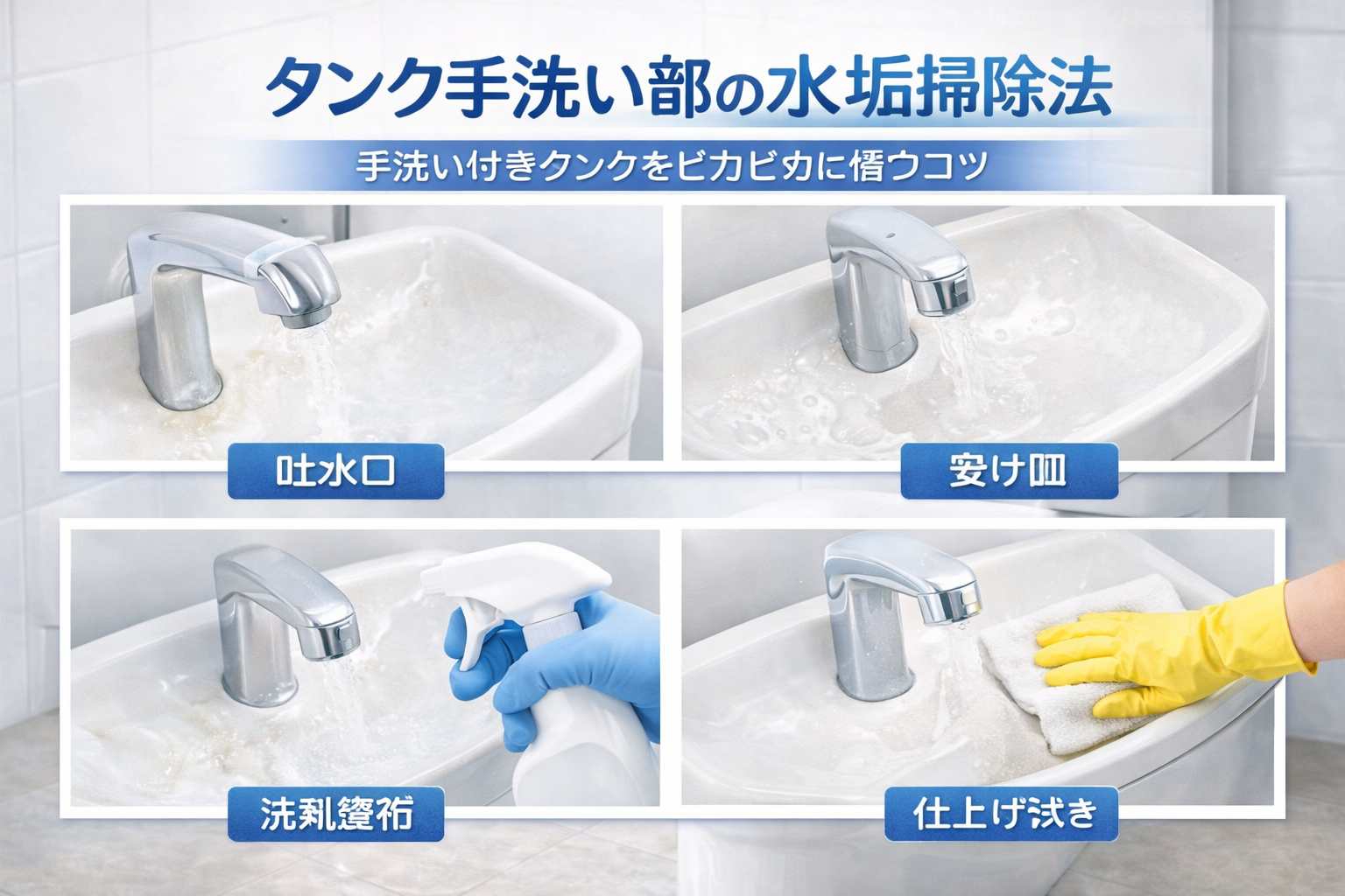タンク手洗い部の水垢掃除方法（吐水口・安定皿・洗剤塗布・仕上げ拭き）の図解