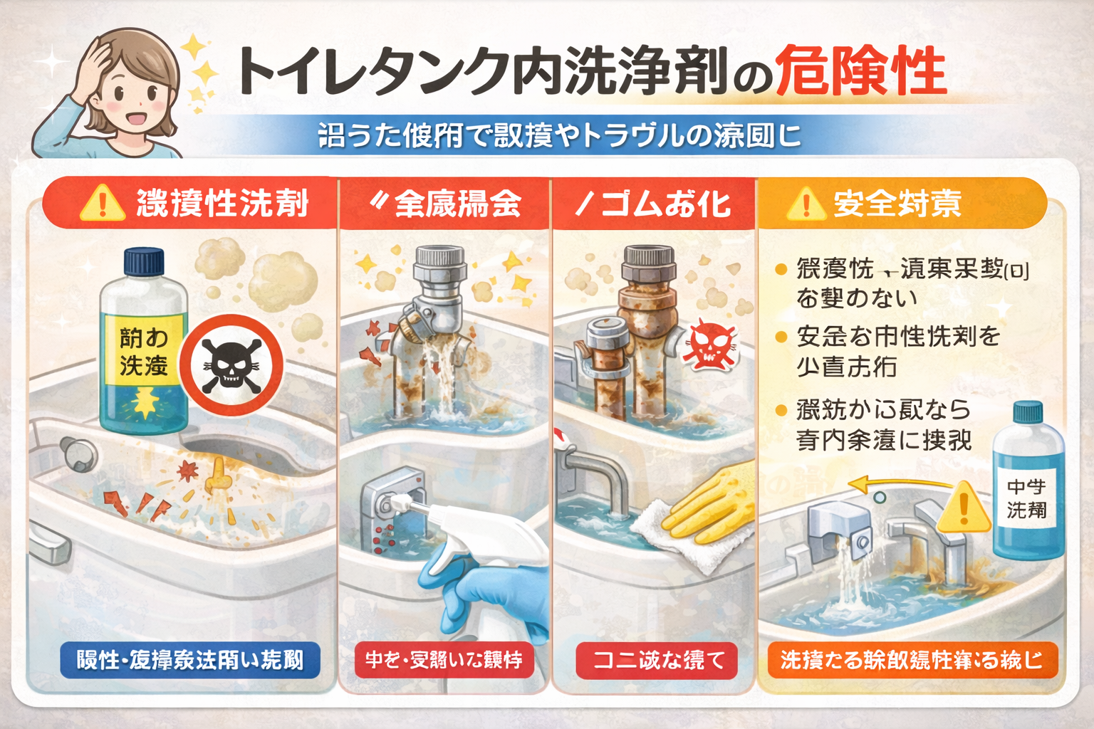 トイレタンク内洗浄剤の危険性（激強洗剤で全滅・ゴム劣化・安全対策）の図解