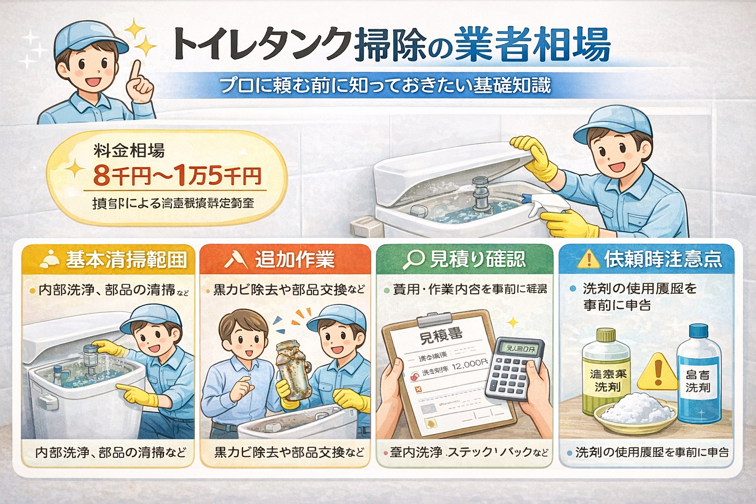 トイレタンク掃除の業者料金相場（8千円〜1万5千円、基本範囲・追加作業・見積確認・注意点）の図解