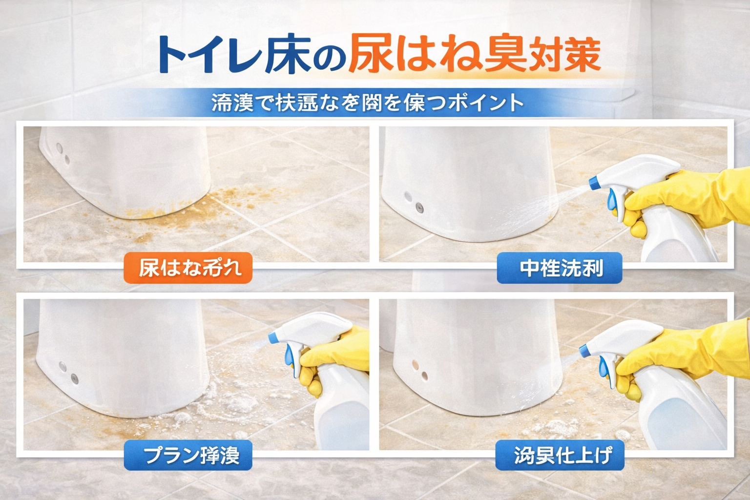 トイレ床の尿はねニオイ対策の手順（汚れ→中性洗剤→こすり→仕上げ）の図解