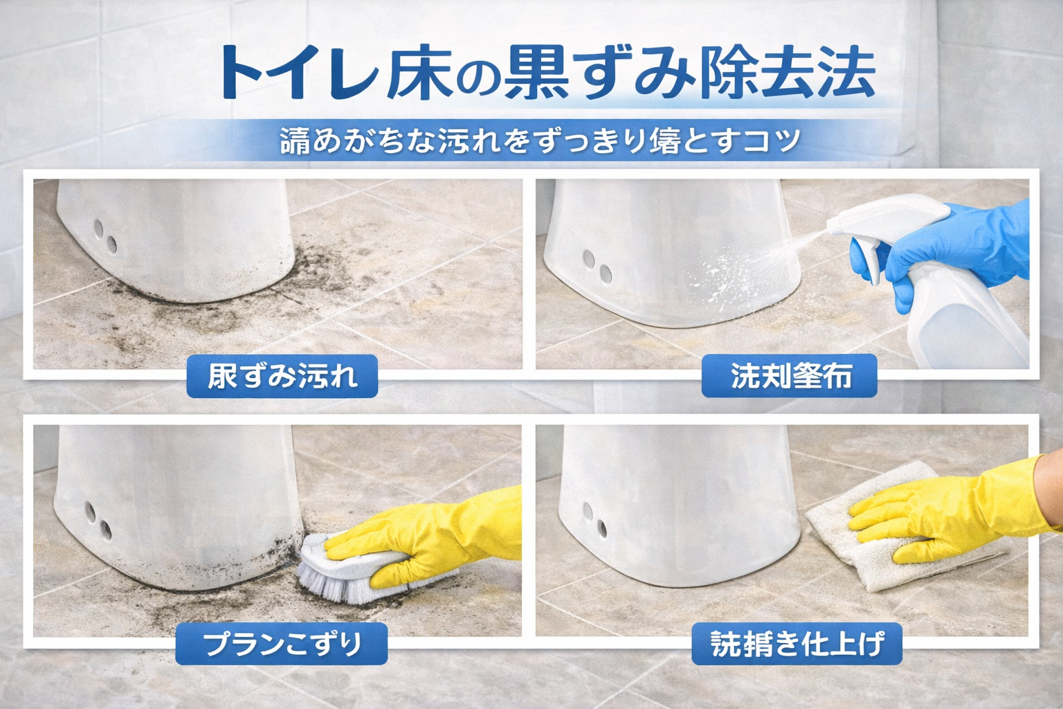 トイレ床の黒ずみ除去手順（汚れ→洗剤→こすり→乾拭き仕上げ）の図解
